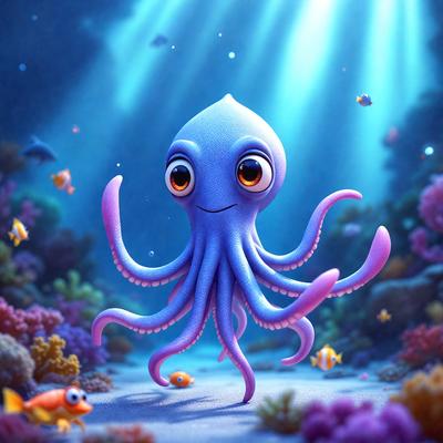 The primary subject of the image is a cute, smiling blue octopus. The setting is an underwater environment, with the octopus surrounded by various fish and other aquatic creatures. The visual style is a digital art or illustration, creating a vibrant and lively atmosphere. The dominant colors are blue, pink, and orange, with the blue octopus being the main focus of the scene.